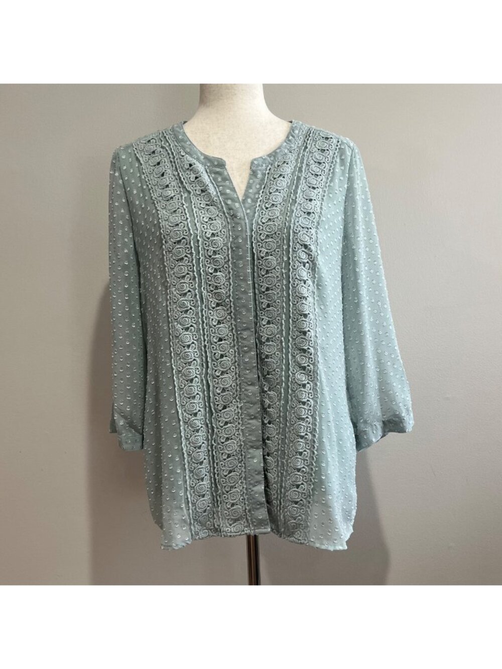 Krazy Kat Crochet Button Up Blouse Womens M Green Sheer Swiss Dot 3/4 Sleeve